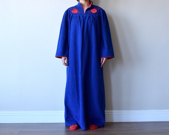 80s Royal Blue and Red Florals Fleece Housedress