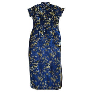 Vintage Navy Blue and Gold Floral Silk Blend Qipao Cheongsam Dress Size Medium