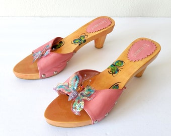 Unique Y2K Wooden Heels with Pink Butterfly Sequins - Statement Shoes for Trendsetters