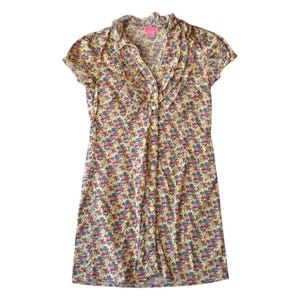 Vintage Y2K Pink Ditsy Floral Ruffle Neck Button Up Dress - Size Small