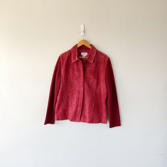 y2k red suede leather knit sleeves jacket plus si… - image 1