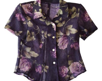Camisa vintage de los años 80, color morado oscuro, transparente, con estampado floral y botones - Talla grande para mujer