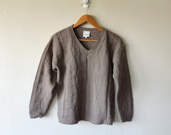 Vintage Brown Textured V Neck Chunky Sweater - Cozy Fall Knitwear