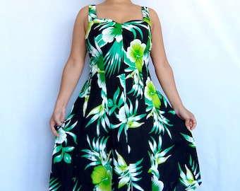 black and green hibiscus floral hawaiian dress size medium