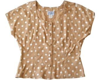 Vintage 90s Via Max Polka Dot Blouse Medium - Tan Rayon Square Neck Top USA