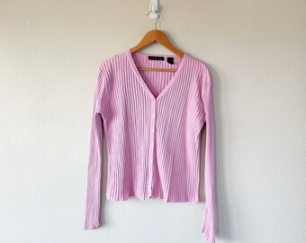 Vintage Express Pink Ribbed Knit Cotton Cardigan XL - Cozy Pastel Sweater for Spring