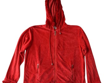 Vintage Y2K Red Velour Zip Hoodie Jacket With Faux Fur Trim - Size