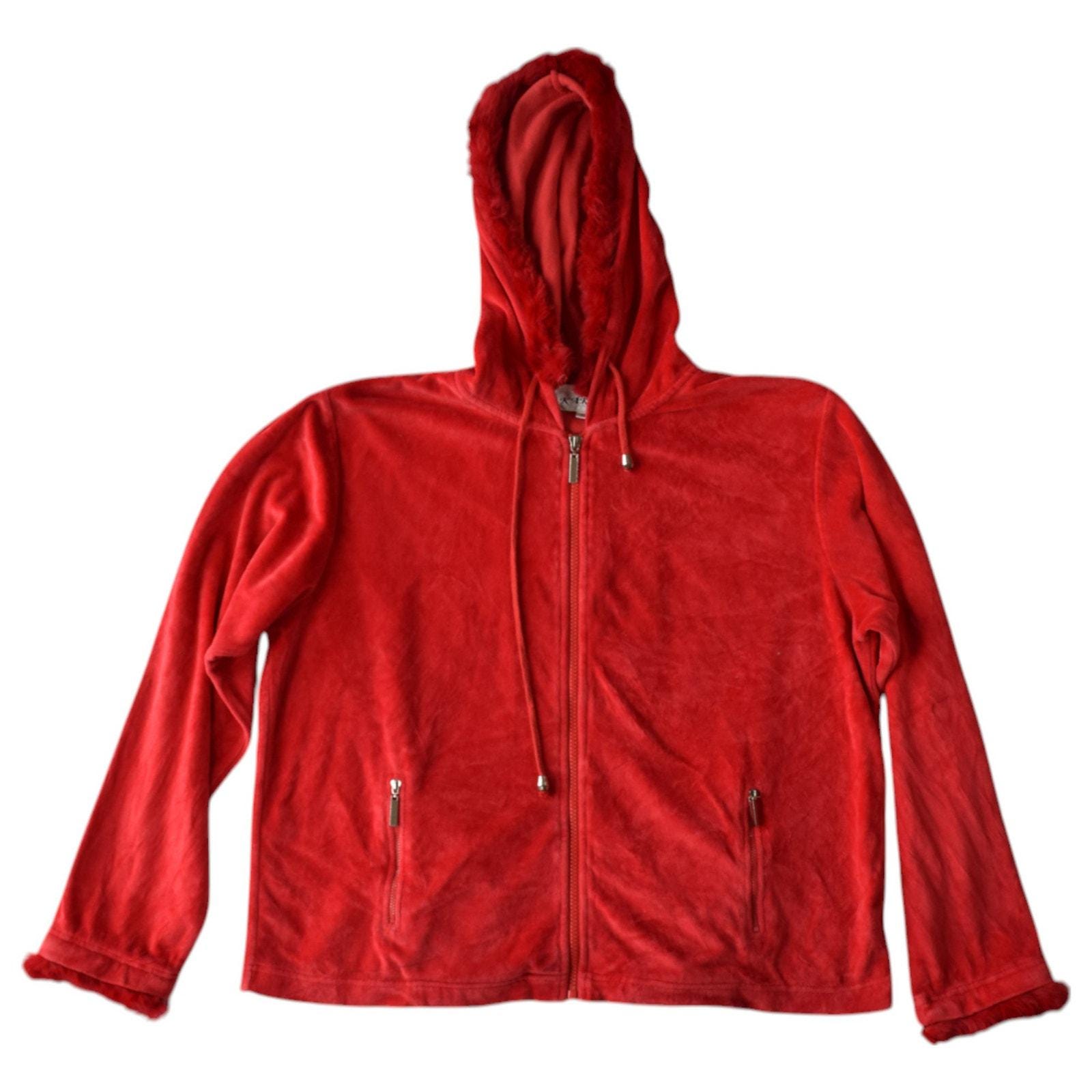Vintage Y2K Red Velour Zip Hoodie Jacket With Faux Fur Trim - Size