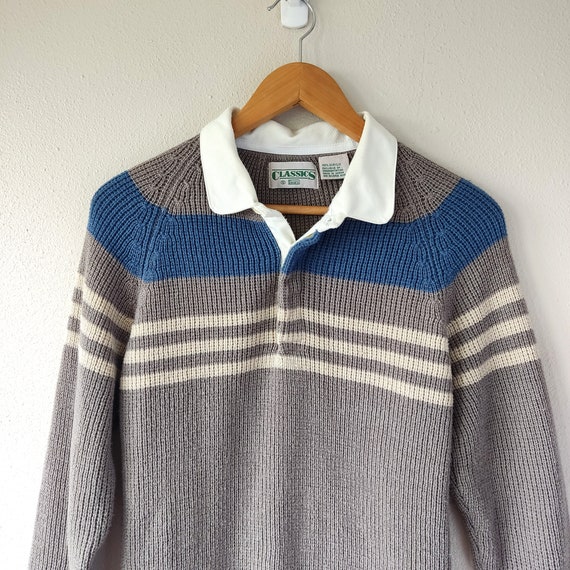 70s gray striped knit collared sweater size small - image 2