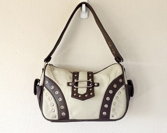 Y2K Beige and Brown Studded Leather Shoulder Bag - Unique Statement Piece