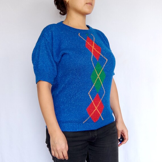 Vintage 80s Blue Argyle Short Sleeve Sweater Top,… - image 7