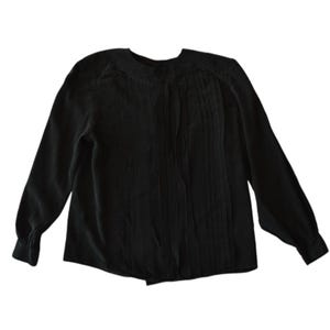 Vintage 80s Black Silk Pleated Blouse Size 8 - Long Sleeve Retro Top