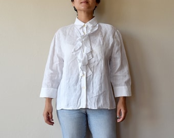 90s ralph lauren white linen ruffle collar shirt