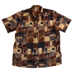 Vintage 80er Jahre Shirt mit abstraktem Button Up, Schwarz und Braun, Print