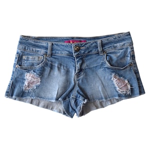 Vintage Y2K Blue Denim Low Rise Frayed Booty Shorts, Small Size