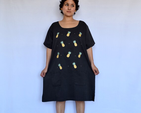 80s casual summer embroidered pineapple dress siz… - image 1