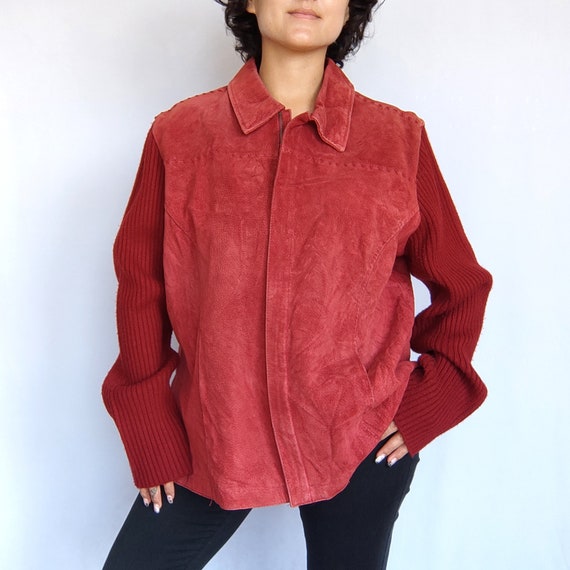 y2k red suede leather knit sleeves jacket plus si… - image 7