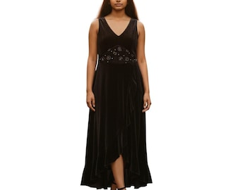 Vintage Y2K Black Velvet Beaded Midi Dress – Size Small