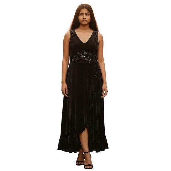 vintage beaded midi dress Vintage Y2K Black Velvet Beaded Midi Dress – Size Small