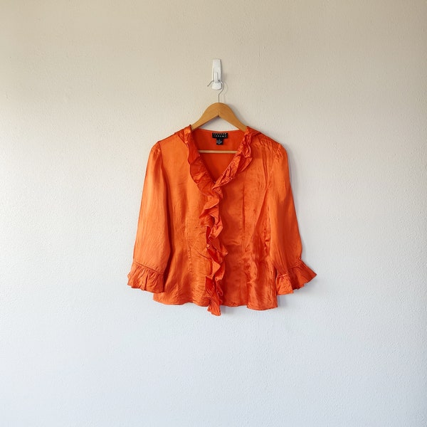 bright orange satin silk ruffle blouse size 6
