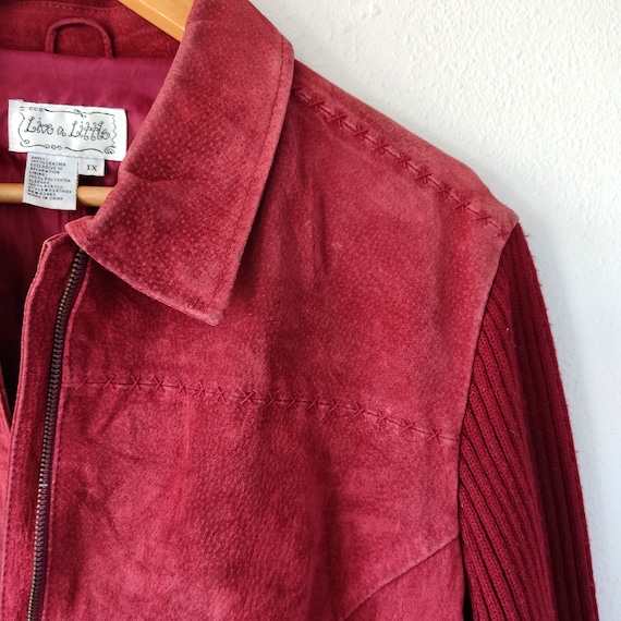 y2k red suede leather knit sleeves jacket plus si… - image 4