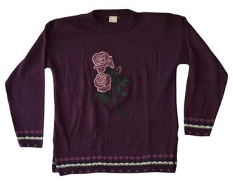 Maglione vintage con rosa viola in acrilico lavorato a maglia di Mary's – Maglione floreale anni '80