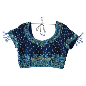 Elegant Medium Blue Sequined Saree Blouse with Beautiful Beading