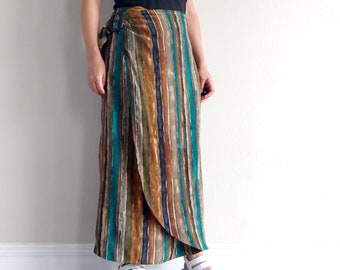 Vintage Brown Striped Silk Wrap Maxi Skirt Size 5 - Boho Chic Fashion Statement