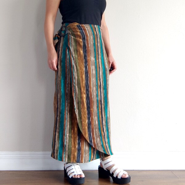 Vintage Brown Striped Silk Wrap Maxi Skirt Size 5 - Boho Chic Fashion Statement