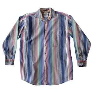 Retro Blue Pink Vertical Striped Shirt | Men&#39;s M long sleeve button up