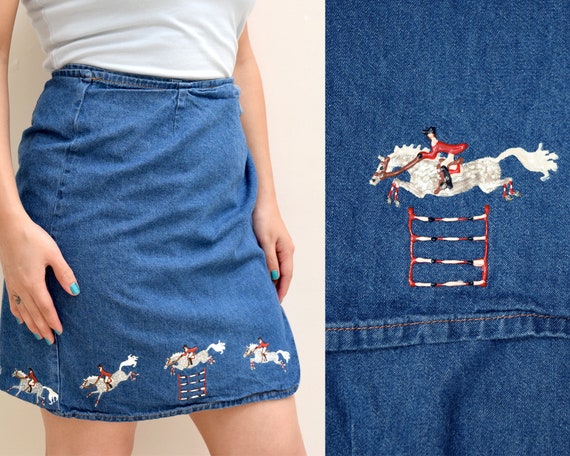Horse Riding Hand Painted Denim Mini Skirt