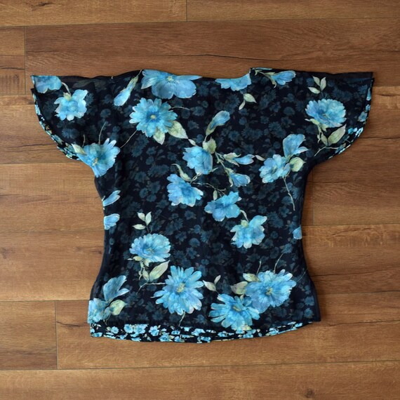 90s black and blue floral chiffon reversible blou… - image 9