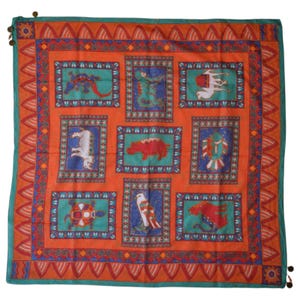 Vintage Ginnie Johansen Designer Scarf - Egyptian Motifs - Colorful Maximalist Style