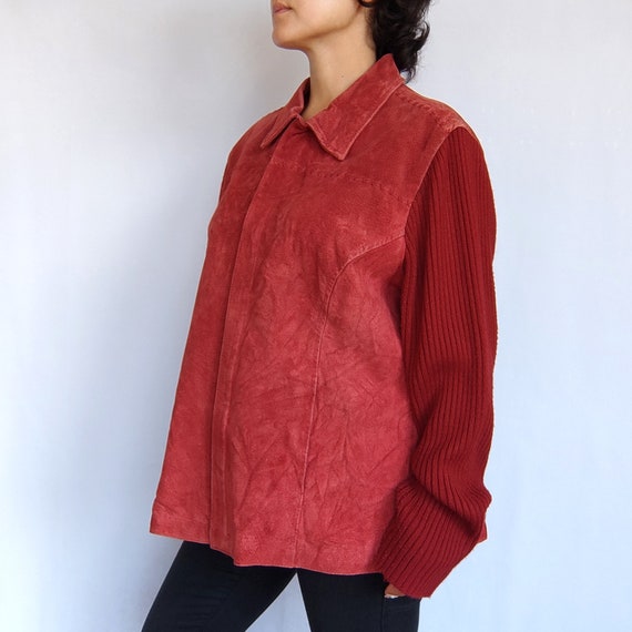 y2k red suede leather knit sleeves jacket plus si… - image 8