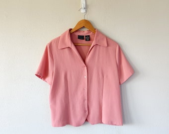 Chemise boutonnée à manches courtes vintage rose pêche - Grande taille 16, style rétro