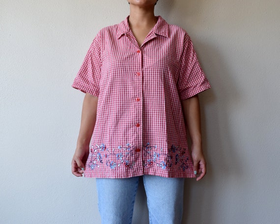 90s red plaid button down embroidered shirt - image 6