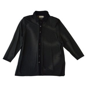 May include: A long-sleeved button-down shirt featuring a black and dark gray horizontal striped pattern. The garment includes a solid black collar, a central button placket with dark buttons, and a label at the inner neckline reading X-G-X.