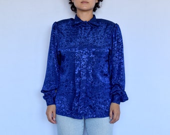 royal blue satin floral 80s button up