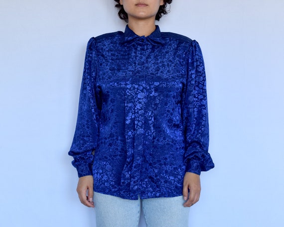 VTG 80s SLEEVELESS CAP SLEEVE BLUE FLORAL PATTERNED BUTTON-UP SUMMER BLOUSE M 14