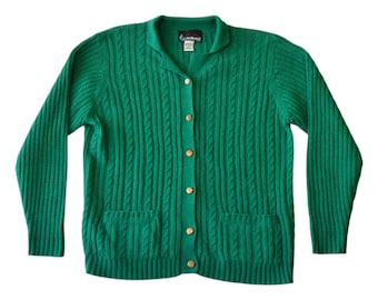 Cardigan en tricot torsadé vert Kelly VTG des années 90 avec écusson doré, boutons surdimensionnés moyens