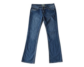 Jeans bootcut a vita bassa Y2K Blue Ice, taglia 7, con tasche borchiate
