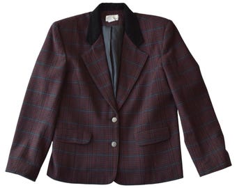 Vintage Burgundy Plaid Wool Blend Blazer with Velvet Collar, Size Medium