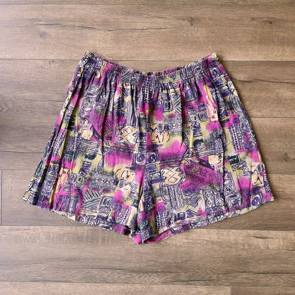 90s Retro Purple Boho Shorts with Funky Elastic Waist - Vintage Summer Fashion