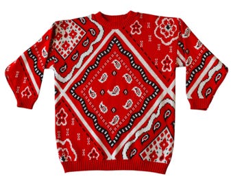 Stickad tröja med röd bandanamönster från 80-talet - Tillverkad i USA - Paisley Western