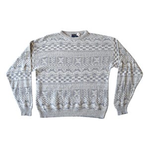 Vintage 80s White Geometric Oversized Grandpa Sweater Men Size XL