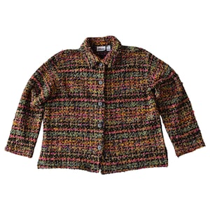 Chico's Design Colorful Vibrant Tweed Fringe Knit Jacket Size XL