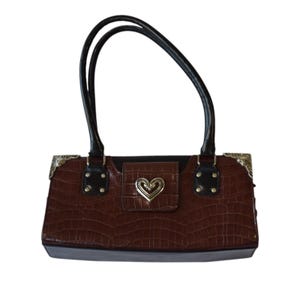 Y2K Dark Brown Faux Croc Leather Shoulder Bag with Silver Heart Concho Detail