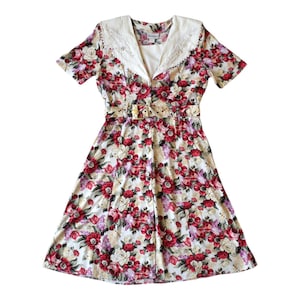 80s Floral Tea Party Dress - Elegant Cottage Garden Style (Size L)