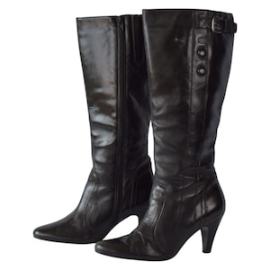 Y2K Black Leather Knee High Heeled Boots | Size 7 | Pointed Toe Tall Boots