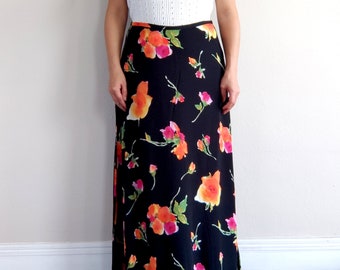 90s Vintage Watercolor Floral Maxi Skirt in Black and Orange | Size 10
